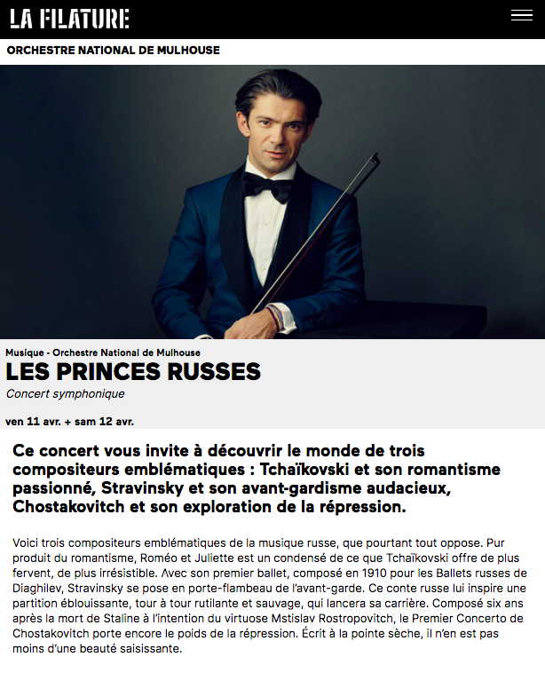Page Internet. Orchestre National de Mulhouse . Les princes russes. Concert symphonique Tchaïkovski, Chostakovitch, Stravinsky. Direction musicale - Christoph Koncz. 2025-04-11